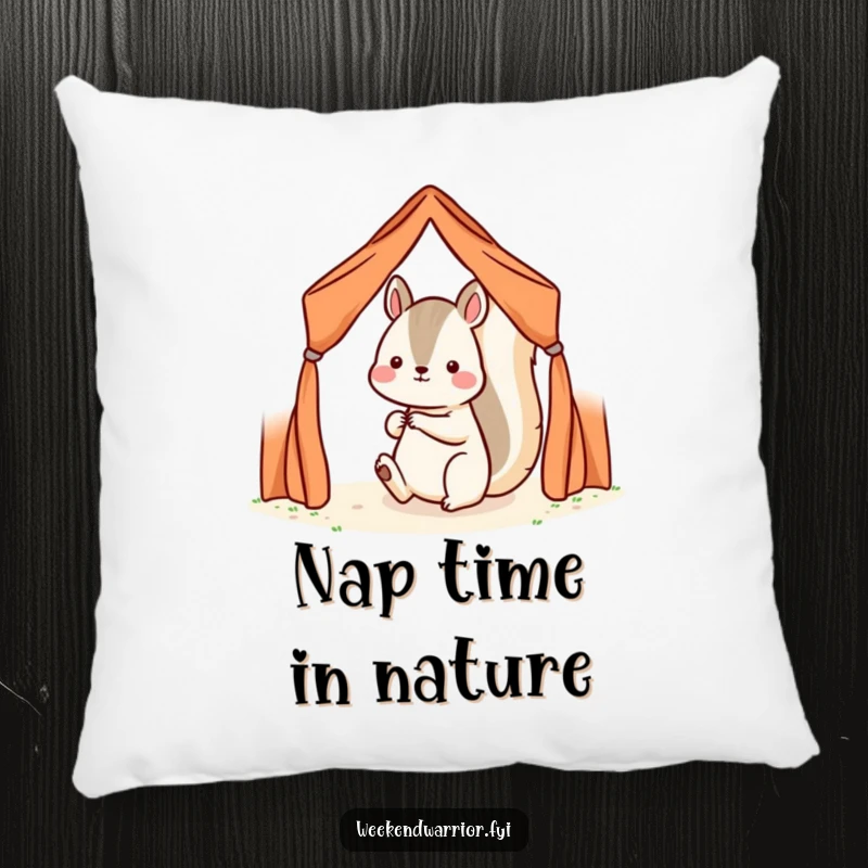 Funny Kawaii squirrel character setting up a small tent on a soft pillow, radiating determination and comfort.