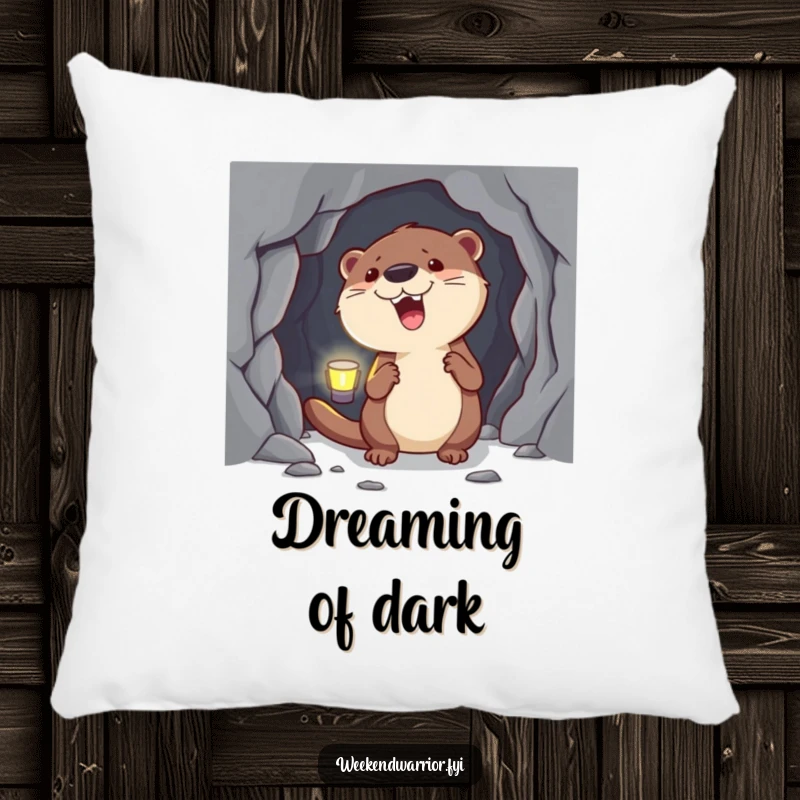 Funny Otter Pillow with a headlamp, exploring a dark cave, adding comfort and playful humor to any relaxing space.