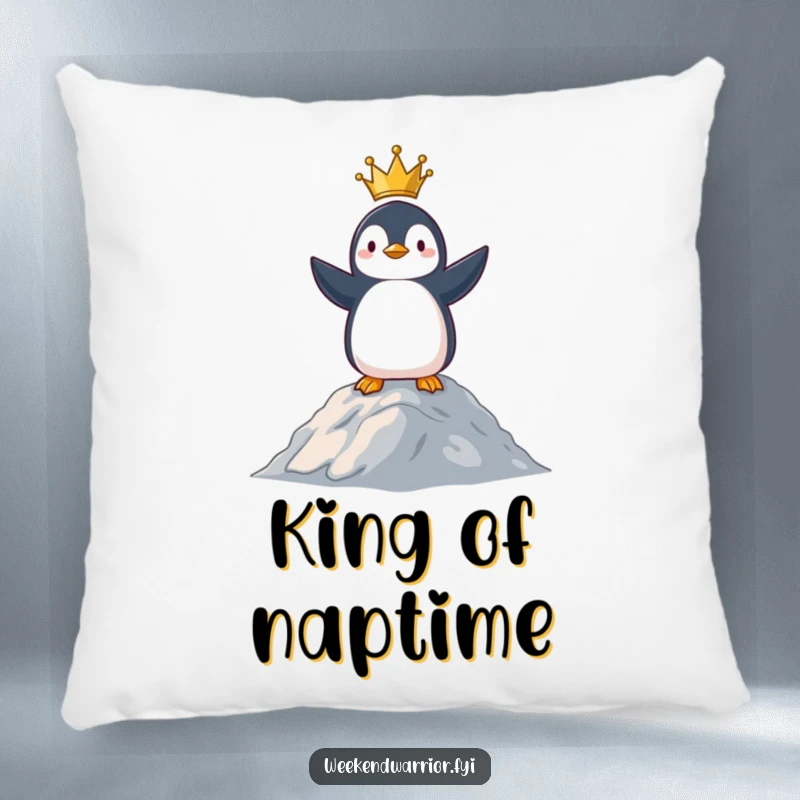 Funny pillow featuring a proud penguin surveying its domain from a hilltop, offering a cozy and humorous accent.