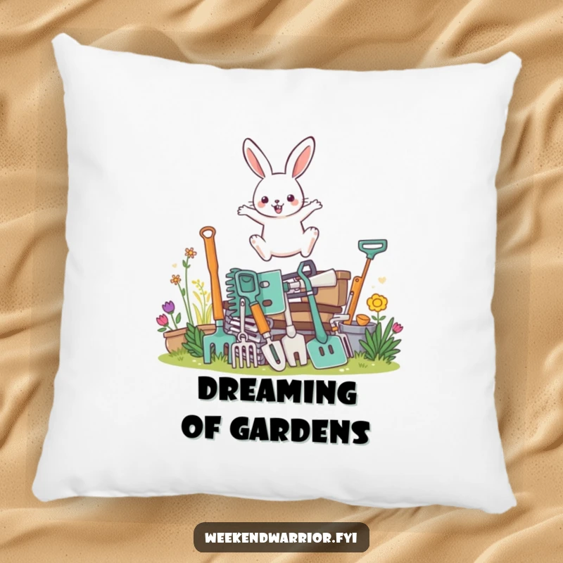 Funny pillow featuring a determined rabbit character leaping over gardening tools, perfect for cozy, humorous decor.