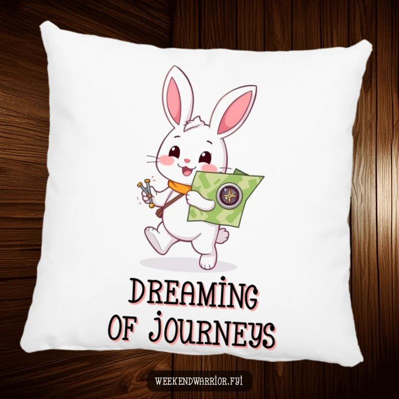 Funny rabbit pillow with a helpful white character enthusiastically holding a map and compass, soft and humorous for adventurers.