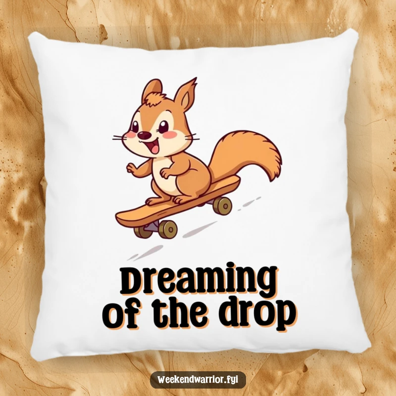 Funny squirrel character smiling widely while skateboarding downhill, printed on a soft pillow for humorous and cozy home decor.
