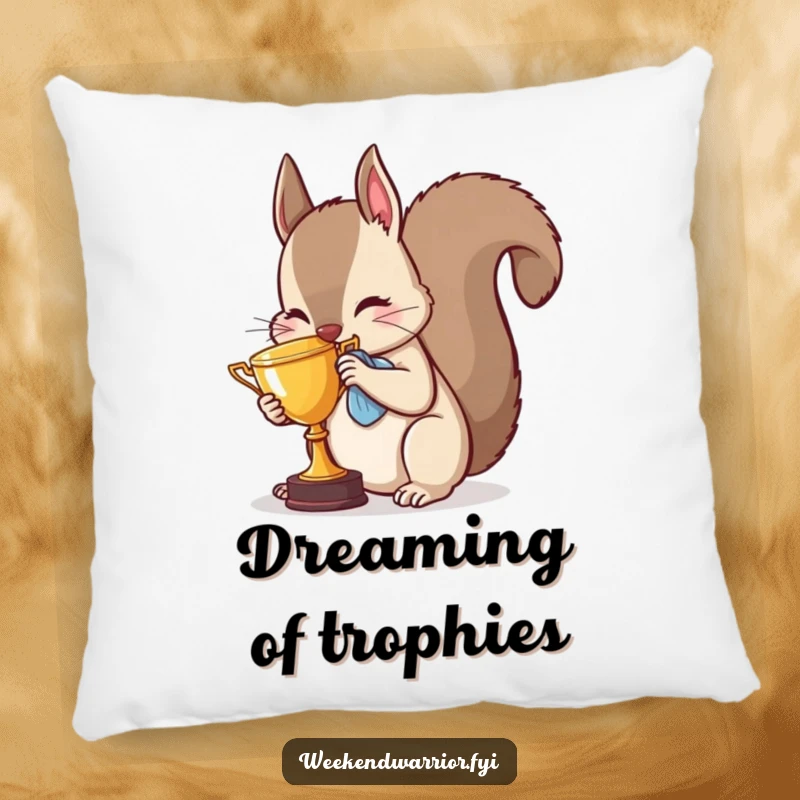 Funny squirrel pillow showing a happy animal meticulously cleaning a miniature trophy, perfect for adding comfort and humor.