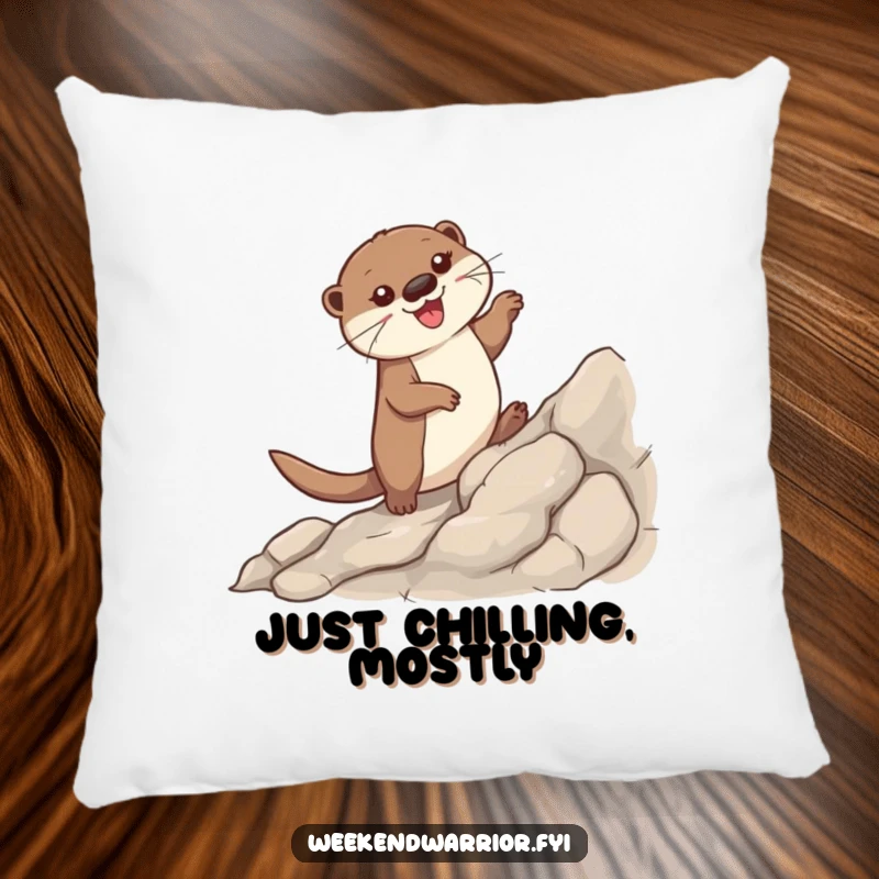 Funny pillow showcasing a content otter reaching the top of a rocky incline, looking proud and happy, ideal for comfort.