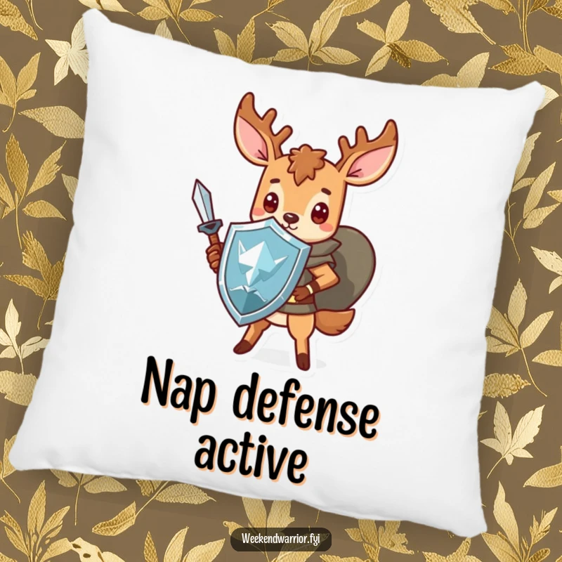 Funny Kawaii deer pillow, featuring a cute warrior with a sword and shield, providing comfort and humor.
