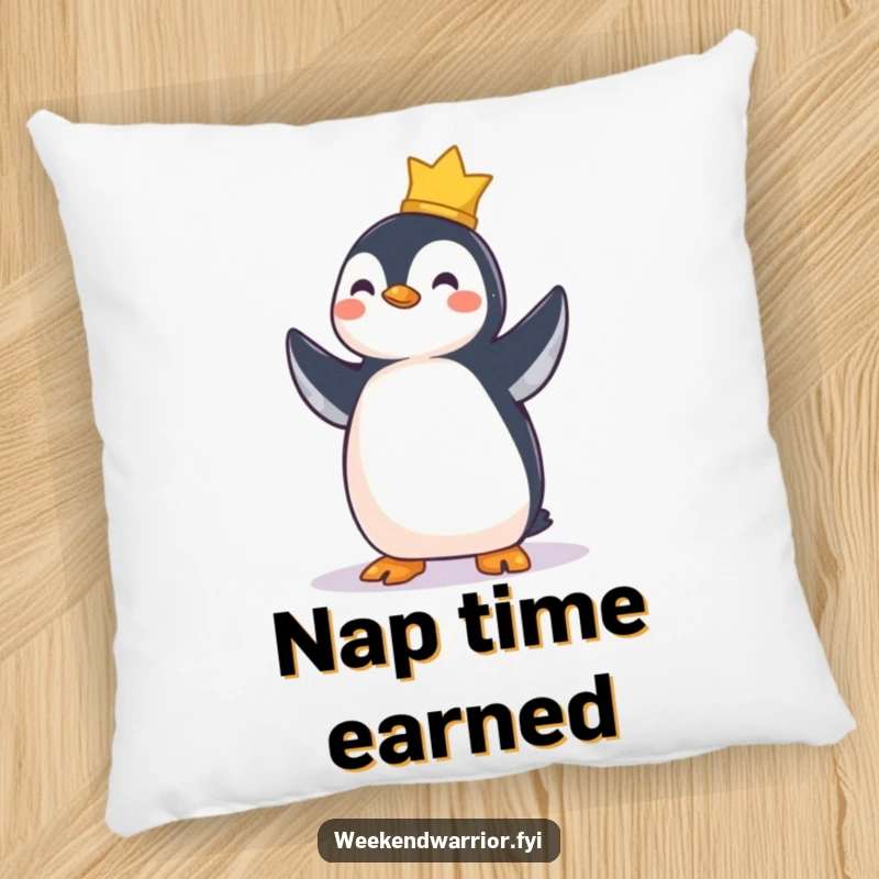 Funny pillow featuring a proud penguin standing tall and smiling, representing the successful completion of a task.