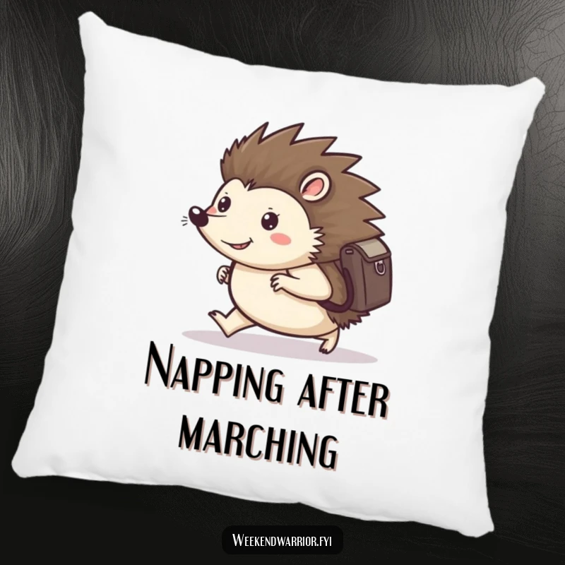 Funny pillow featuring a happy hedgehog with a backpack, marching determinedly forward, offering comfort and a spirit of adventure.
