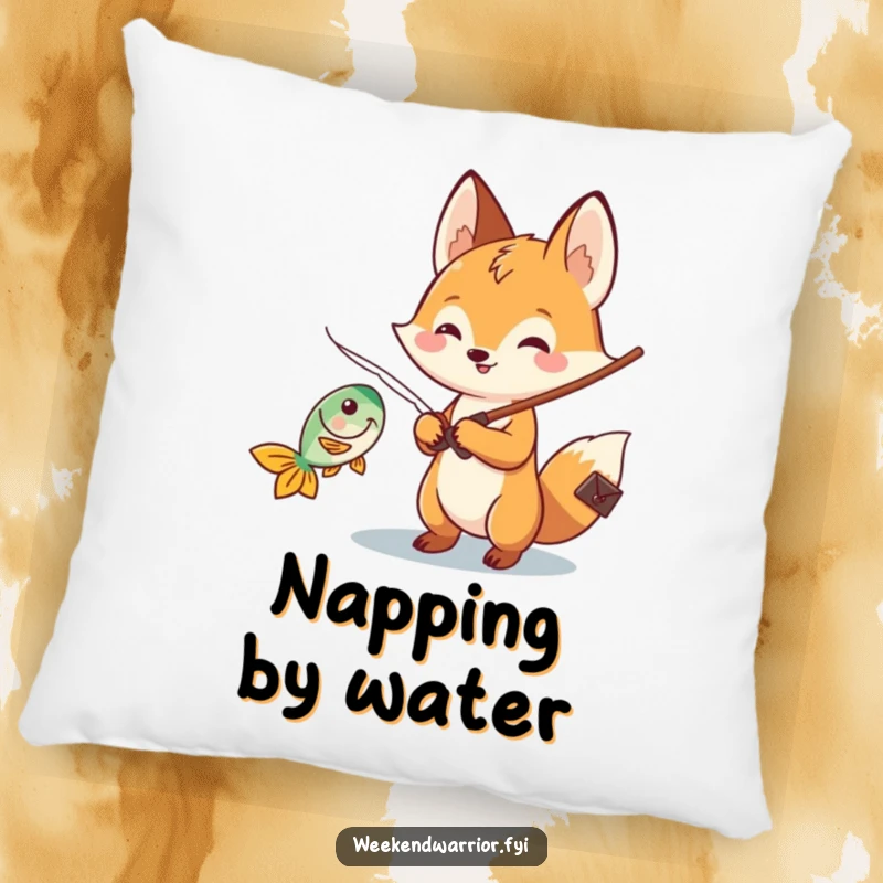 Funny Kawaii fox pillow featuring a cheerful fishing character reeling in a fish, perfect for comfort and a splash of fun.