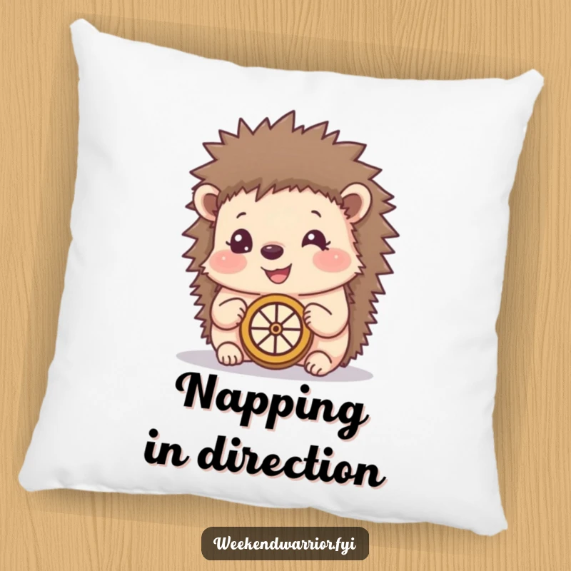 Funny pillow showing a happy hedgehog using a makeshift compass, offering comfort and a whimsical, adventure-themed design.