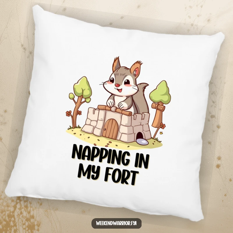 Funny Builder Squirrel Pillow featuring a cute, determined squirrel building a small fort, perfect for comfort and playful decor.