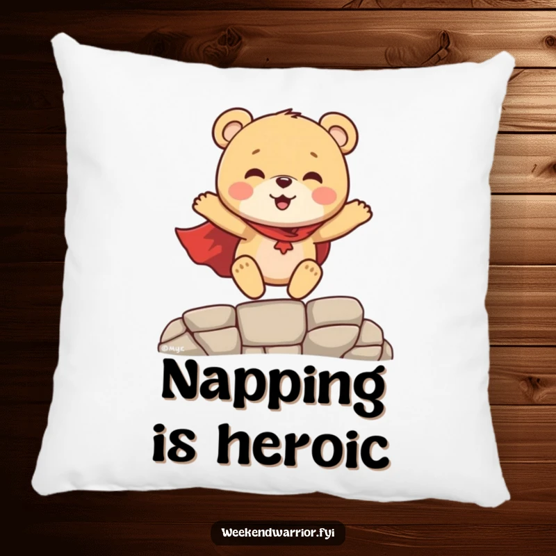 Funny Superhero Bear Cub Pillow, a cheerful bear cub in a cape mid-leap, a soft and humorous decorative cushion.