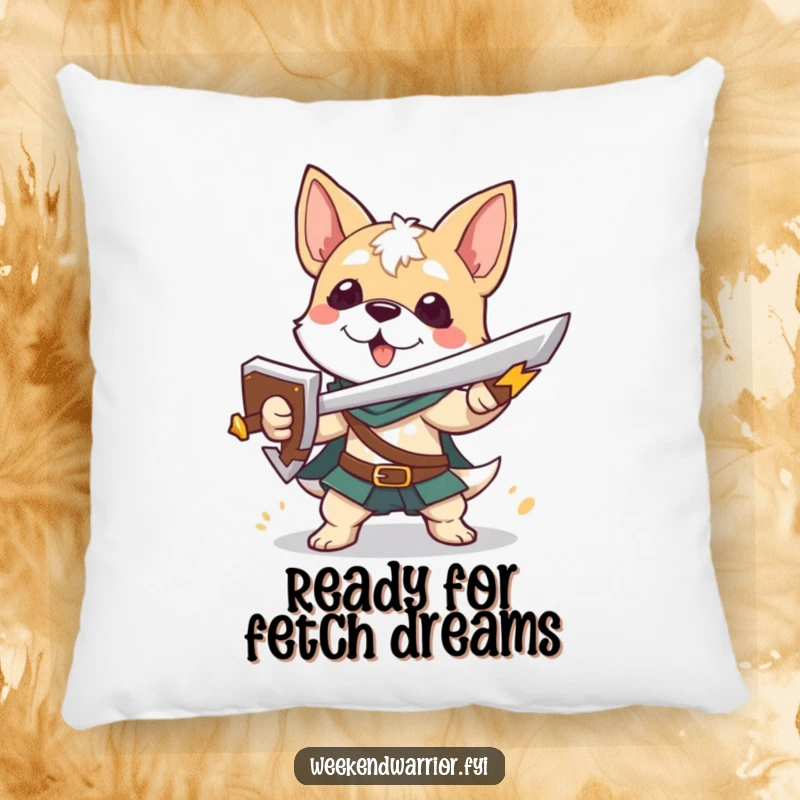 Funny pillow featuring a playful dog character wielding a sword and shield, providing comfort and heroic charm.