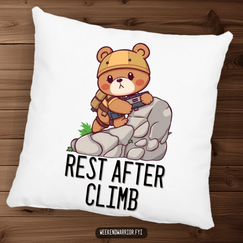 Funny bear pillow showing a determined bear in combat gear scaling a rocky cliff, providing humorous comfort and support for adventurers.