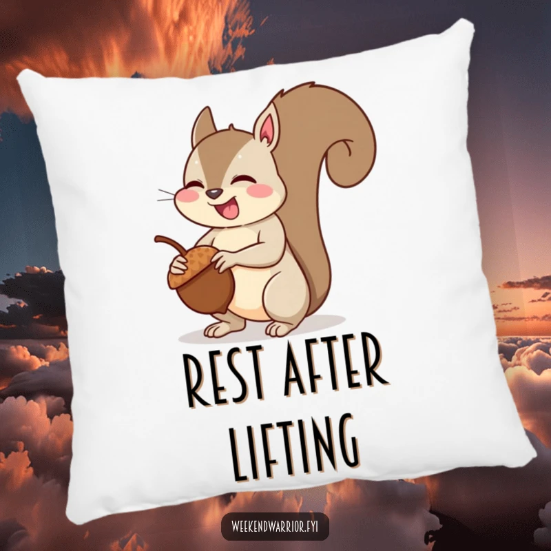 Funny squirrel muscle pillow featuring a giggling squirrel flexing its arm muscles after lifting an acorn, offering comfort and a smile.