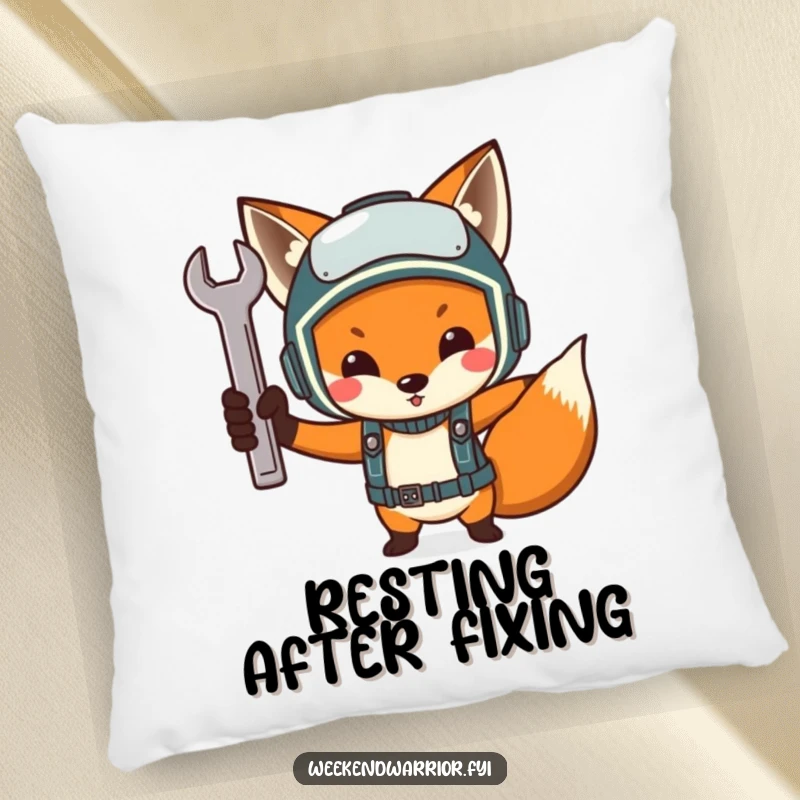 Funny Determined Fox Mechanic Pillow, a fox with a helmet holding a wrench, a soft and humorous decorative cushion.