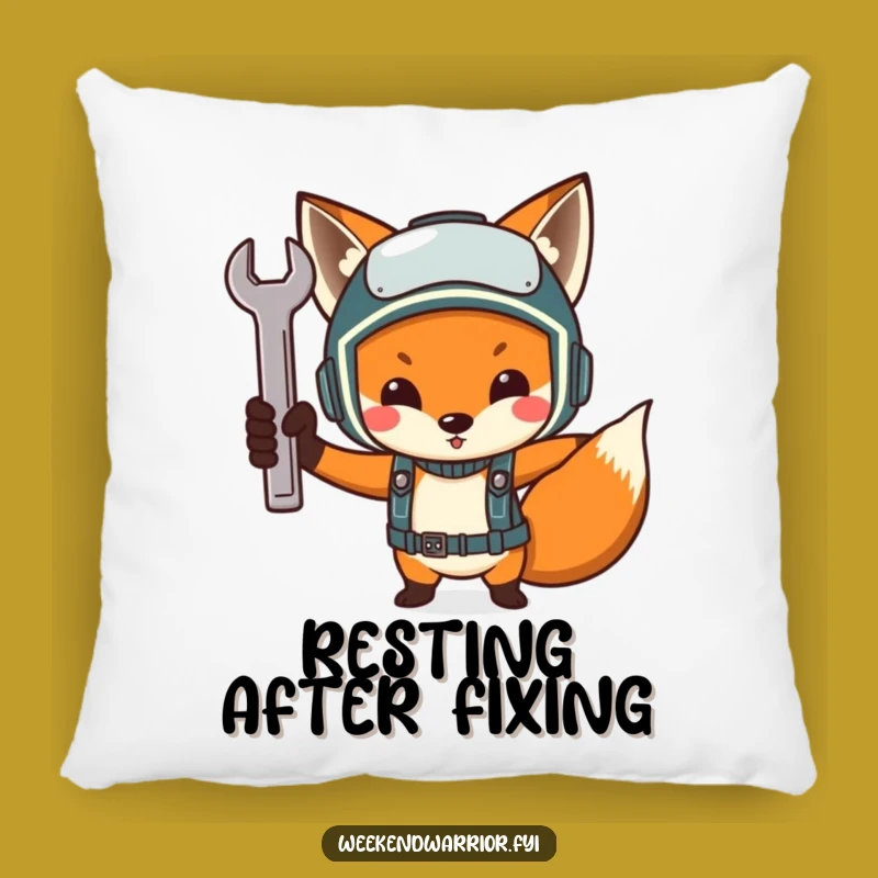Funny Determined Fox Mechanic Pillow - Cozy and Hilarious Accent for Workshops