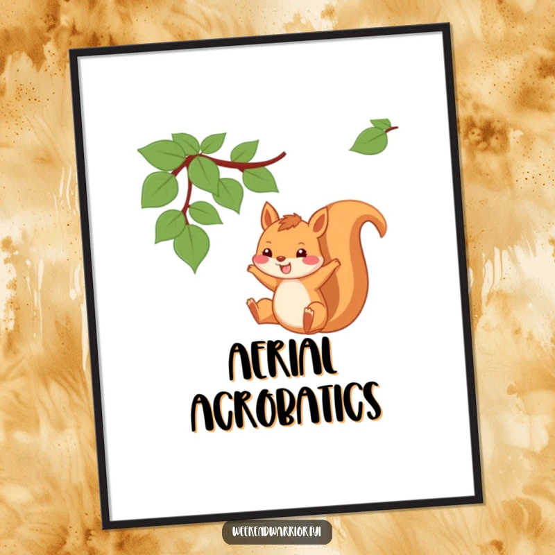 Funny Squirrel Digital Art Print of a playful squirrel swinging from a vine with a grin, full of joy.