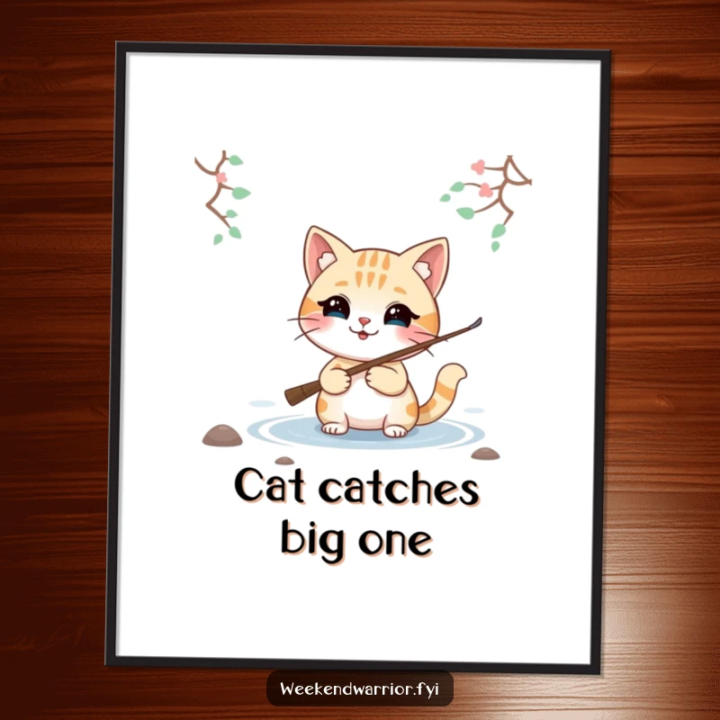 Funny digital art print of a smiling cat character fishing by a lake, evoking a sense of peace and happy relaxation.