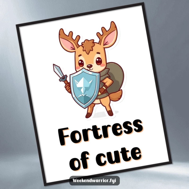 Funny Kawaii deer digital art print of a brave warrior with a sword and shield, full of charm and humor.