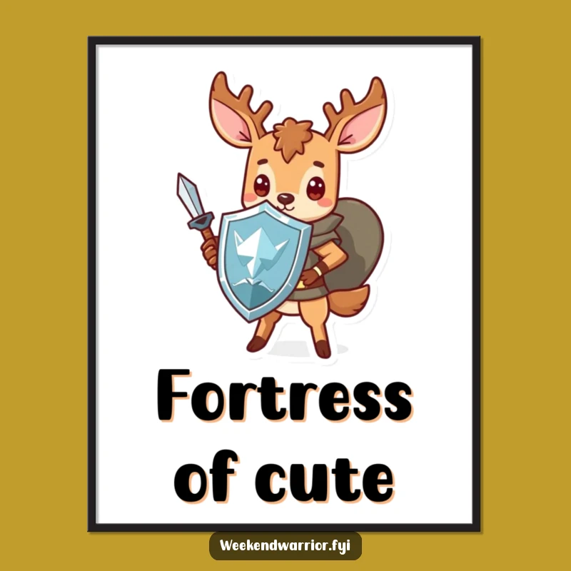 Funny Kawaii Deer Digital Art: Brave Hero Image with Sword and Shield, Instant Funny Gift