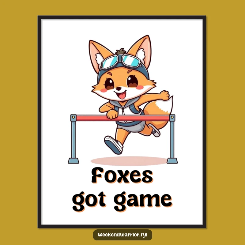 Funny Fox Hurdler Digital Art a Smiling Athlete Character Print