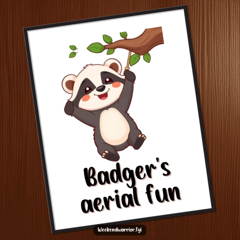 Funny digital art print of a cheerful badger character swinging enthusiastically from a tree branch rope, symbolizing joy.