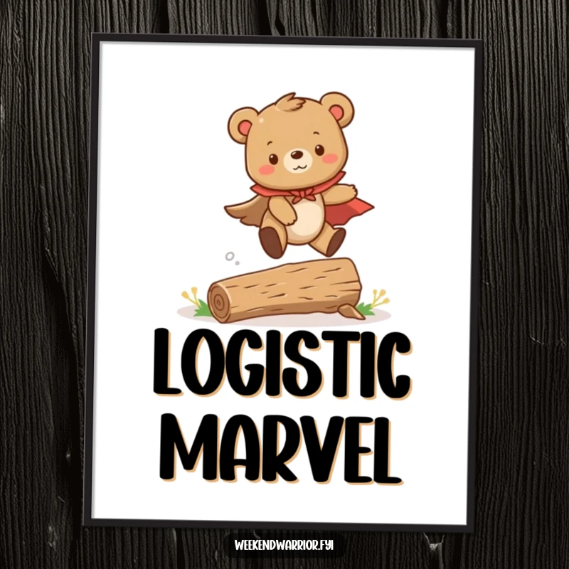 Funny digital art print of a cute bear cub wearing a cape, mid-leap over a tiny log, embodying heroic playfulness.