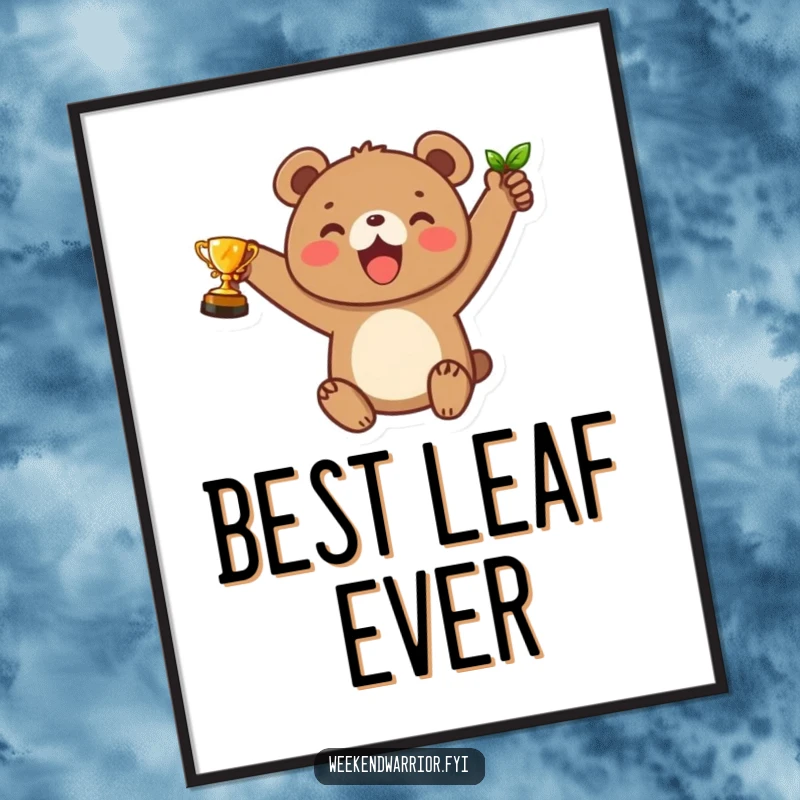 Funny digital art print of a joyful bear cub character triumphantly raising a leaf trophy, perfect for uplifting wall decor.