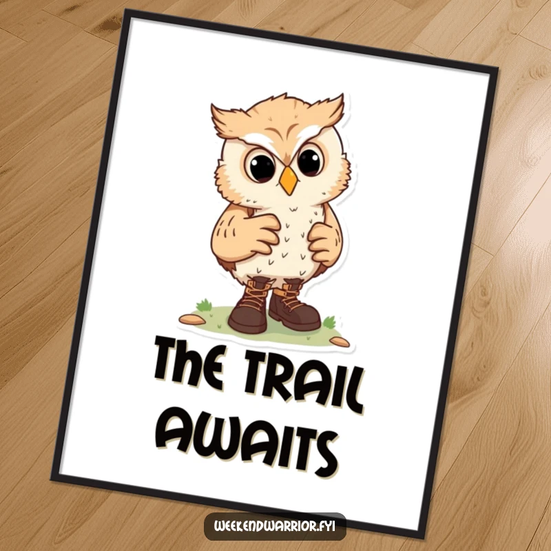 Funny digital art print of a curious owl character adjusting hiking boots, symbolizing a readiness for outdoor adventures.