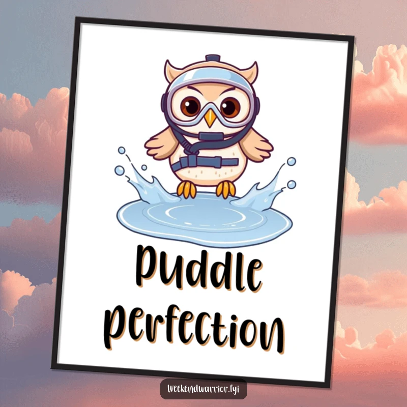 Funny digital art print of an owl in protective gear splashing into a small puddle, ideal for instant download.