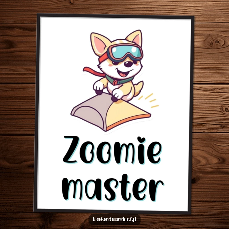 Funny digital art print of a smiling dog wearing goggles, zipping down a small ramp, perfect for instant decor.