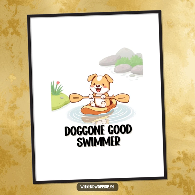 Funny digital art print of an energetic dog paddling in a stream with a paddle, offering humorous and charming wall decor.