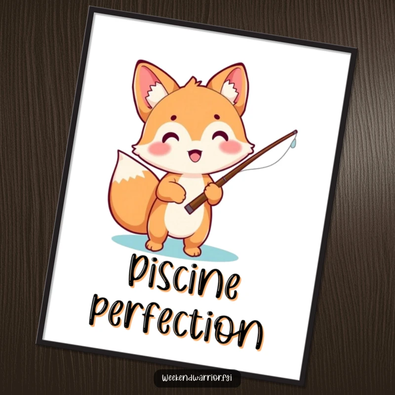 Funny digital art print of an excited kawaii fox holding a fishing rod, ready for a fishing adventure, full of charm.