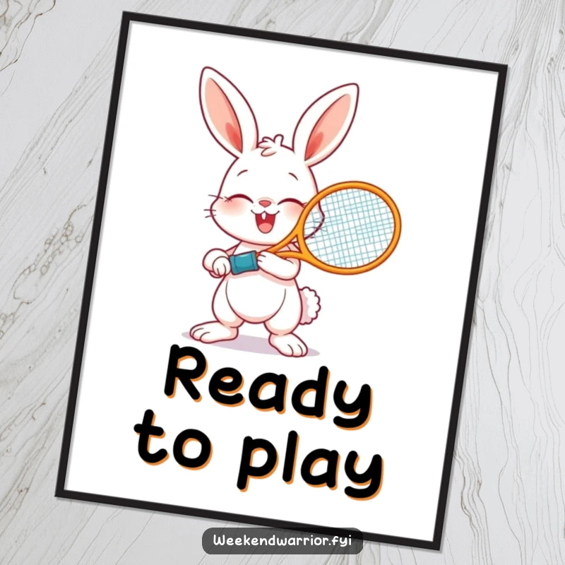 Funny digital art print of a bunny with a tennis racket, ready to swing, capturing athletic energy and playful humor.