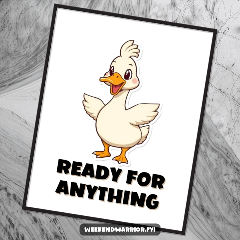 Funny goose digital art print of an enthusiastic goose character geared up for a tough challenge, ready to inspire.