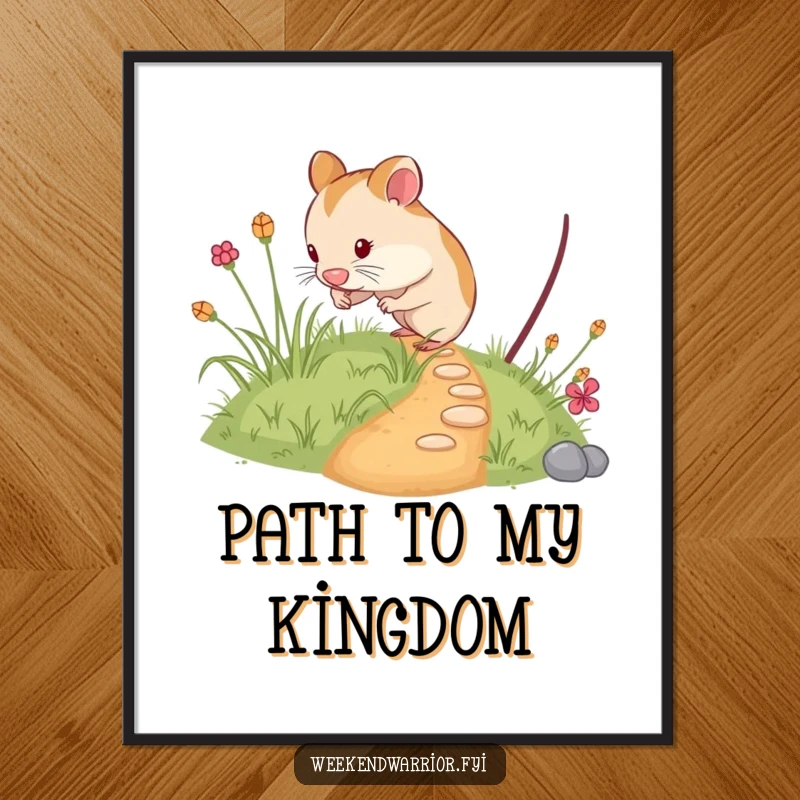 Funny hamster digital art print of a curious rodent exploring a tiny, overgrown path, offering whimsical and humorous wall decor.