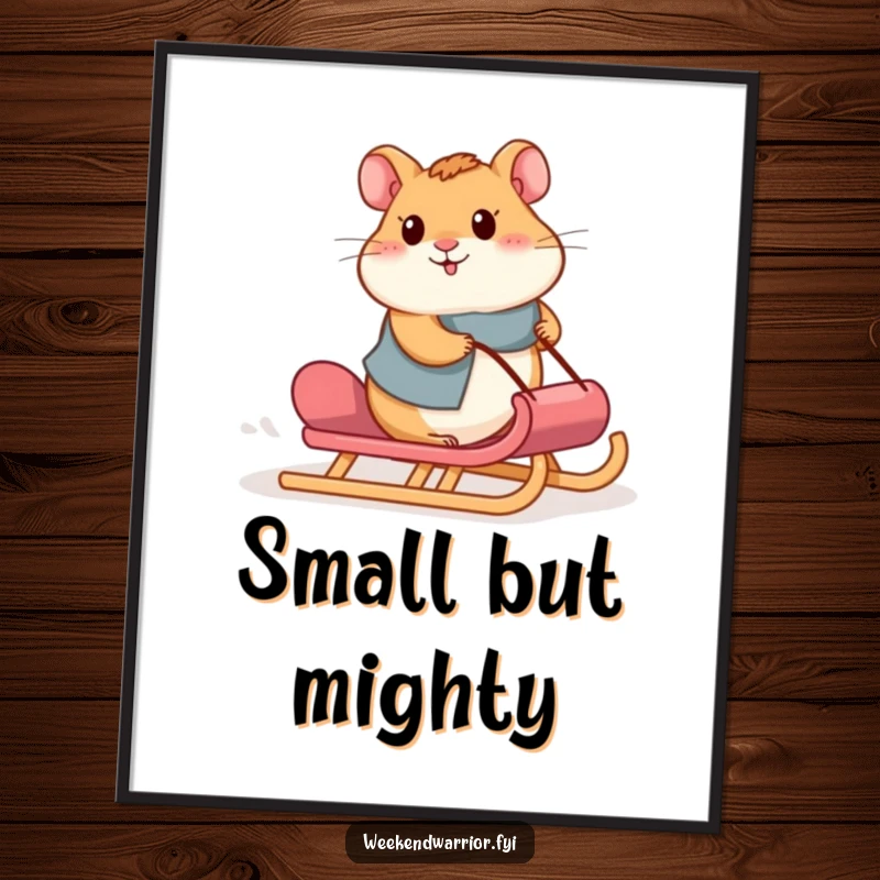 Funny hamster digital art print of a proud hamster pushing a sled uphill, symbolizing perseverance and strength.