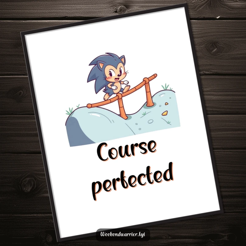 Funny digital art print of a determined hedgehog character skillfully navigating a winding obstacle course, symbolizing perseverance and skill.