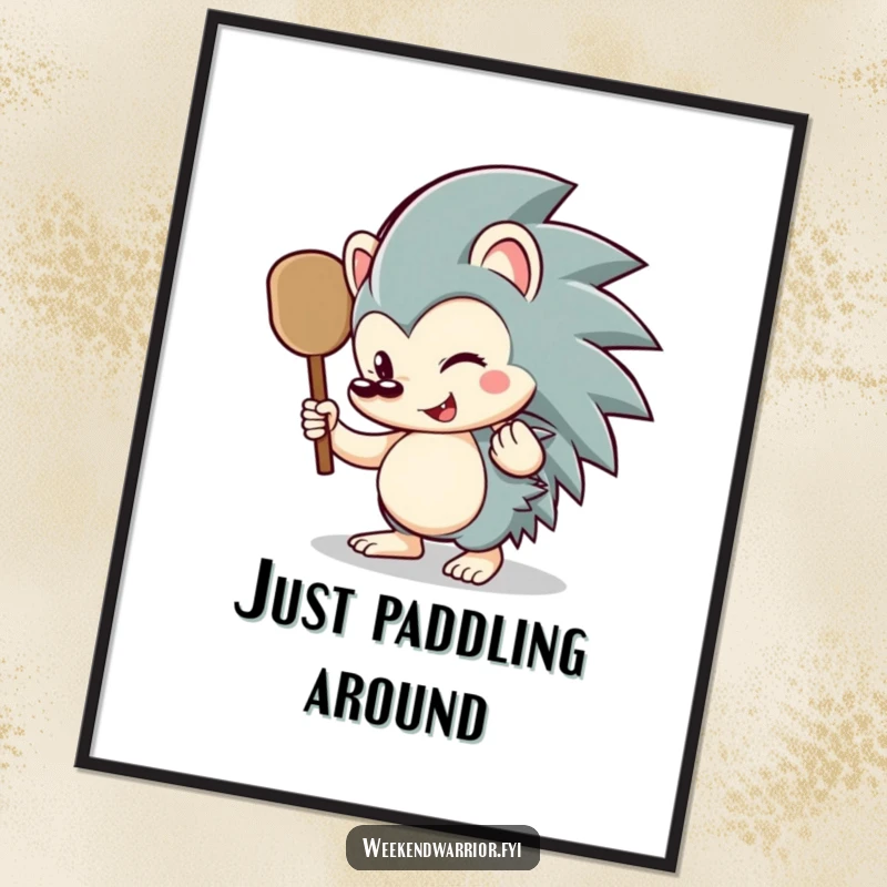 Funny hedgehog digital art print of a happy hedgehog character wielding a small paddle, ready to bring joy.