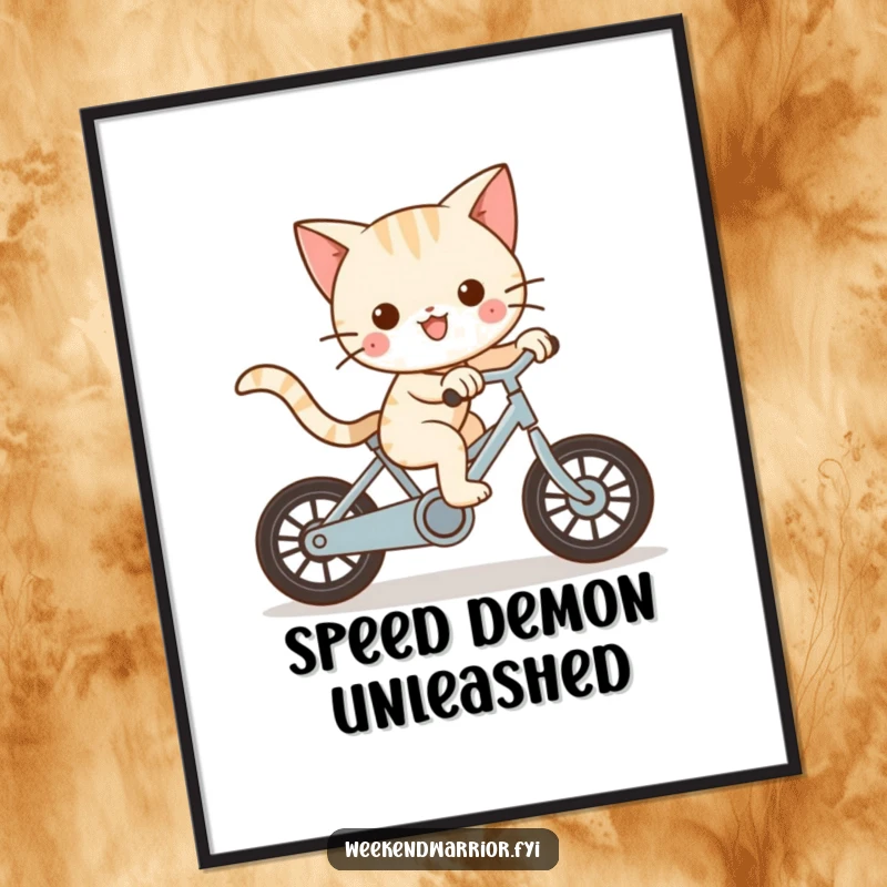 Funny Kawaii cat character humorously riding a bike at great speed on a digital art print, conveying joy.