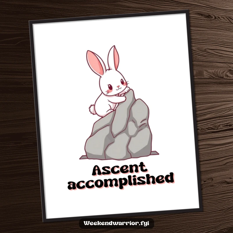 Funny kawaii rabbit with determined paws scaling a miniature rock face, as a downloadable digital art print. Motivational and humorous decor.