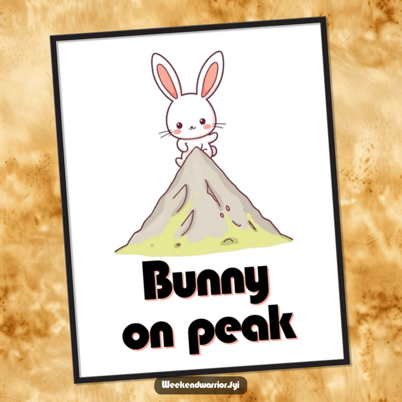 Funny Kawaii rabbit digital art print of a happy character hiking up a mountain peak, perfect for instant inspirational decor.