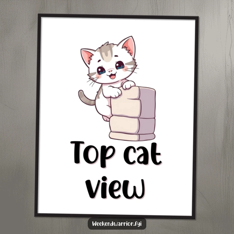 Funny digital art print of a curious kitten smiling while climbing a small wall, perfect for instant decor.