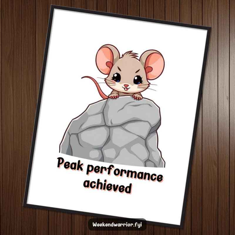 Funny digital art print of a brave mouse character scaling a miniature rock face with determination, offering motivational and humorous decor.