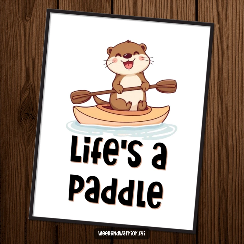 Funny digital art print of a delighted otter balancing skillfully on a kayak with a paddle, capturing a moment of pure aquatic joy.