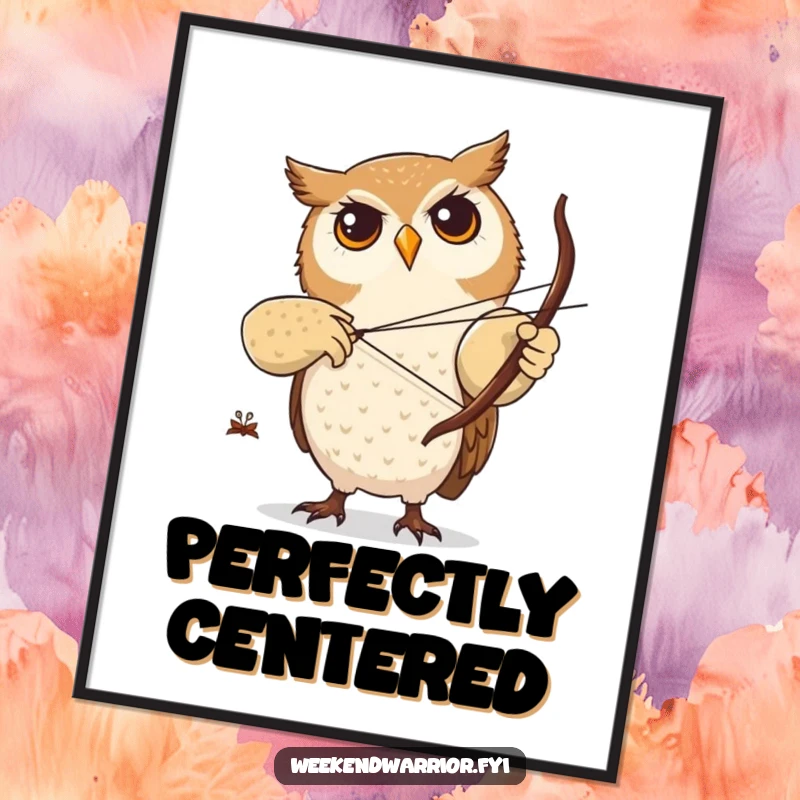 Funny digital art print of a focused owl character practicing archery with a tiny twig bow, symbolizing precision and skill.