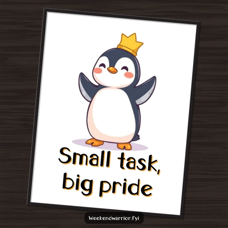 Funny digital art print of a proud penguin standing tall and smiling, a symbol of accomplished goals.