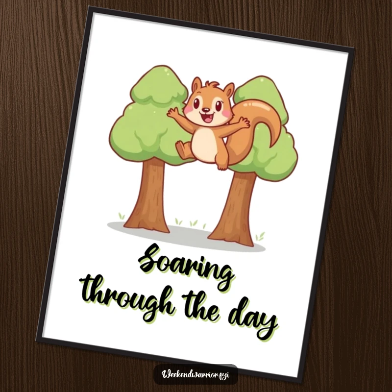 Funny joyful squirrel leaping energetically across a gap between two trees on a humorous digital art print.