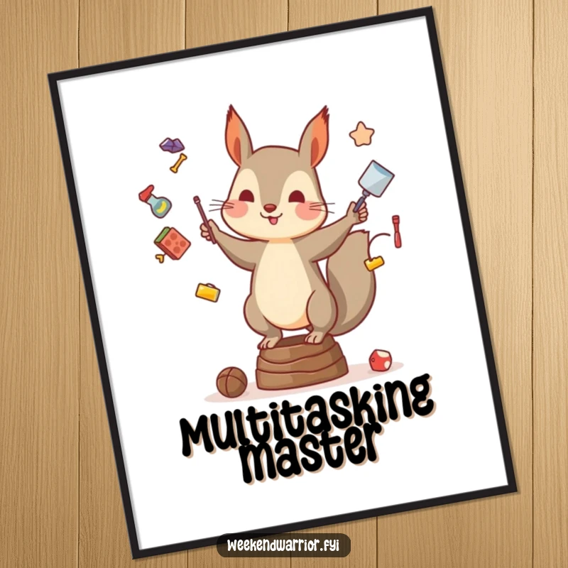 Funny digital art print of a squirrel in a precarious balancing act, juggling multiple objects with a comical expression.