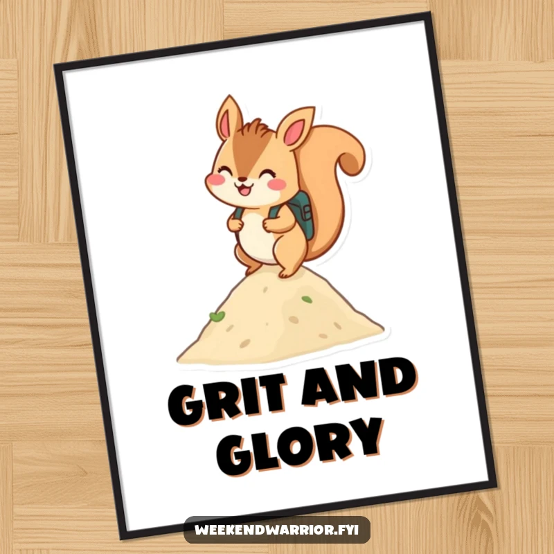 Funny digital art: A cheerful squirrel with a backpack scaling a hill, ready for digital display.